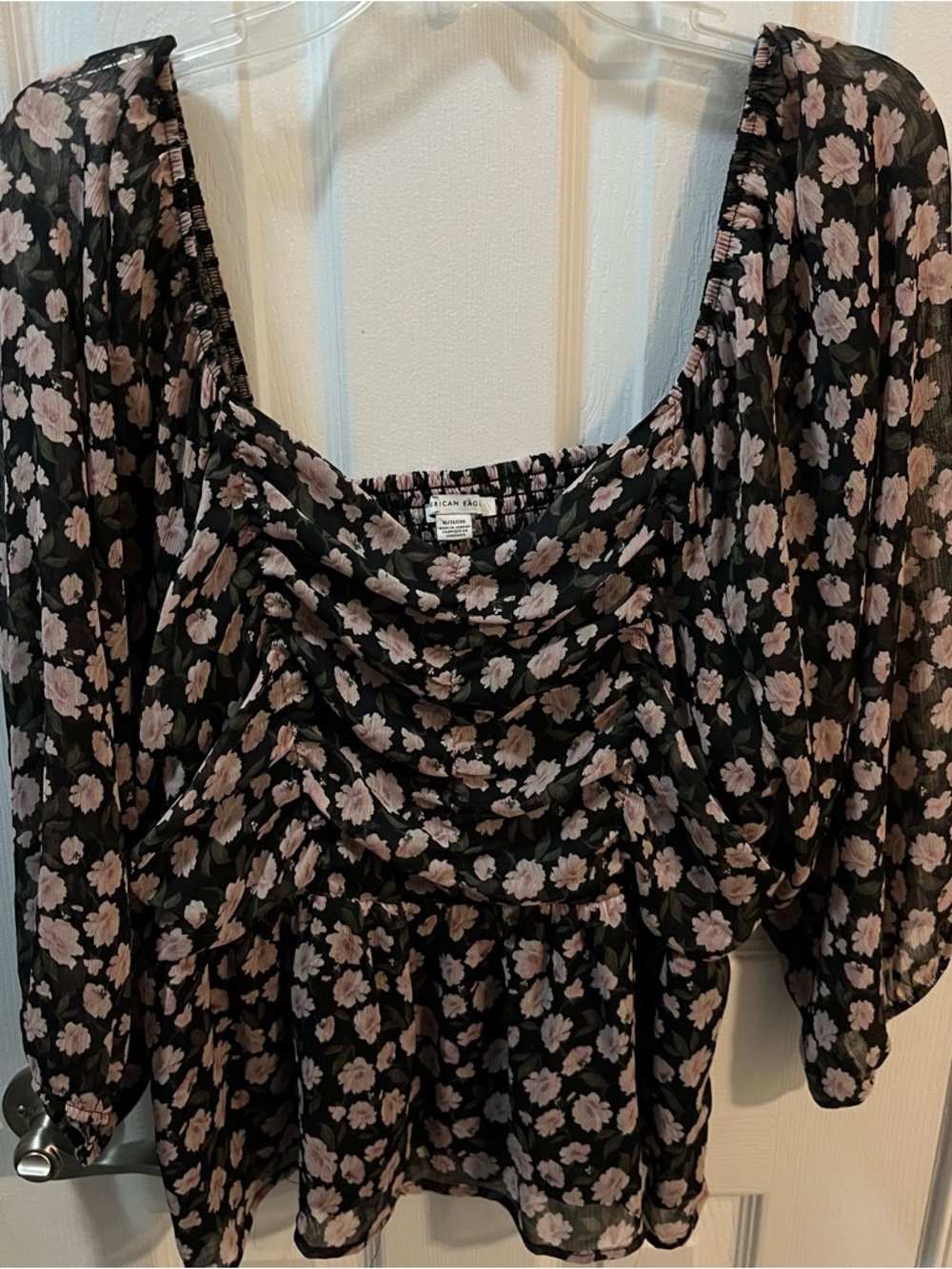 American Eagle black pink Floral Sheer Lined Babydoll Blouse Ruched Boho Size XL